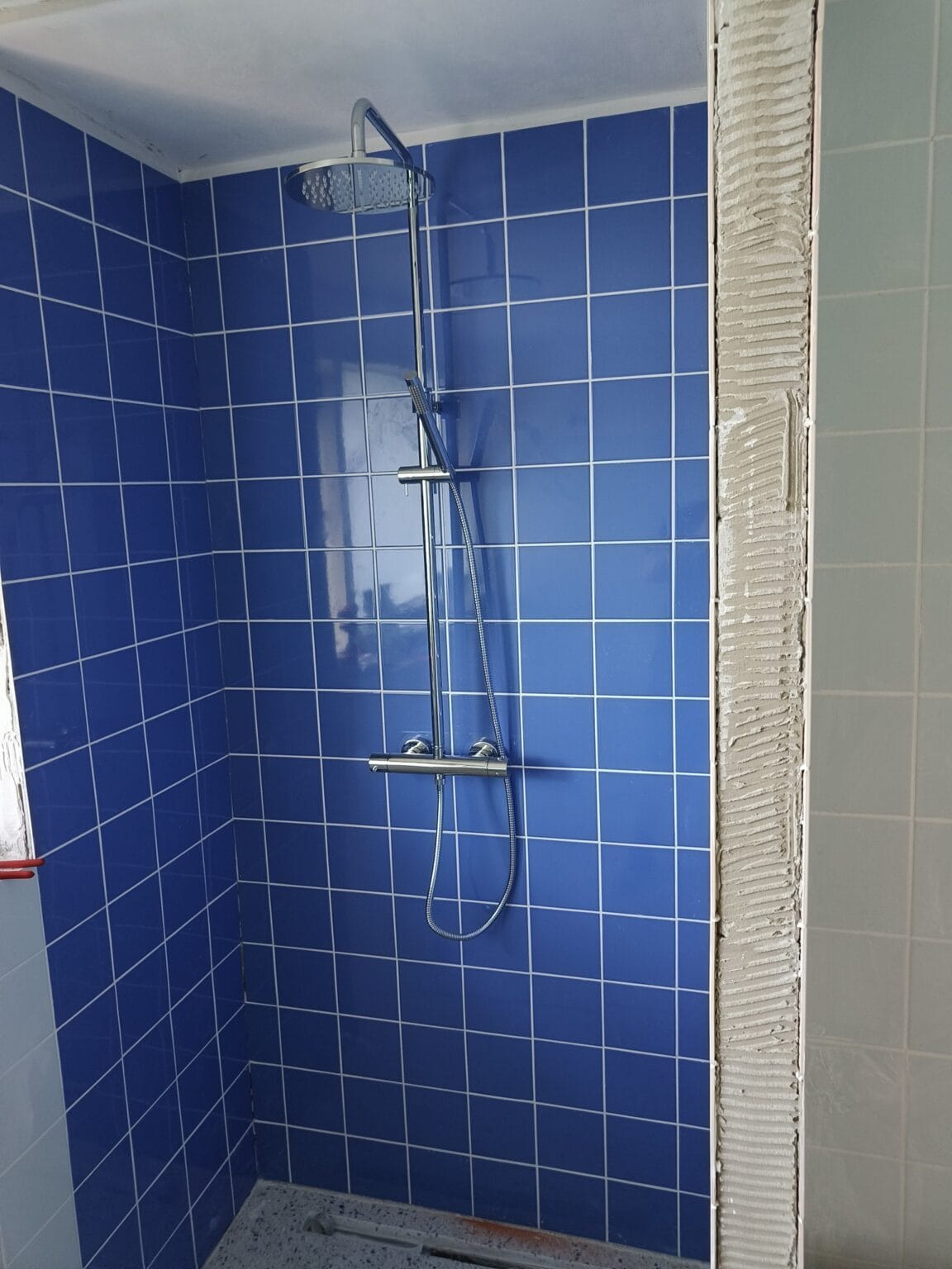 Blåt flisebrusebad med moderne bruser.